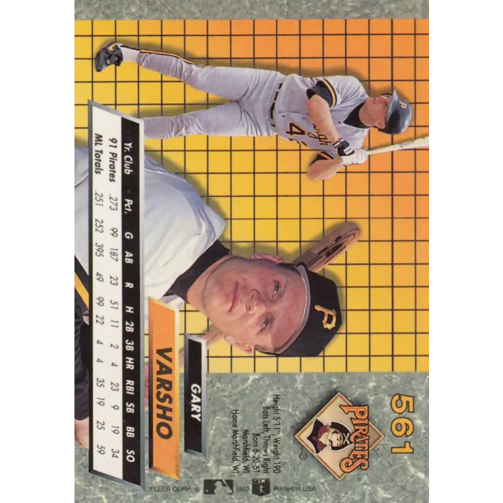 1992 Fleer Ultra #561 Gary Varsho NM-MT Pittsburgh Pirates Baseball Card Image 2
