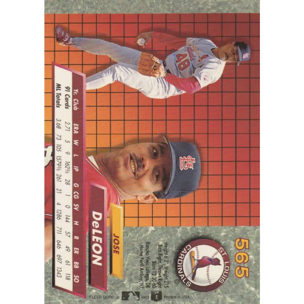 1992 Fleer Ultra #565 Jose DeLeon NM-MT St. Louis Cardinals Baseball Card Image 2