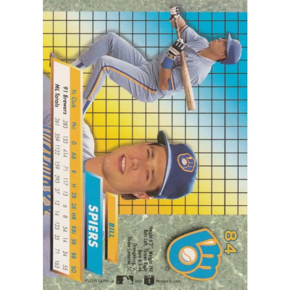 1992 Fleer Ultra #84 Bill Spiers NM-MT Milwaukee Brewers Baseball Card Image 2