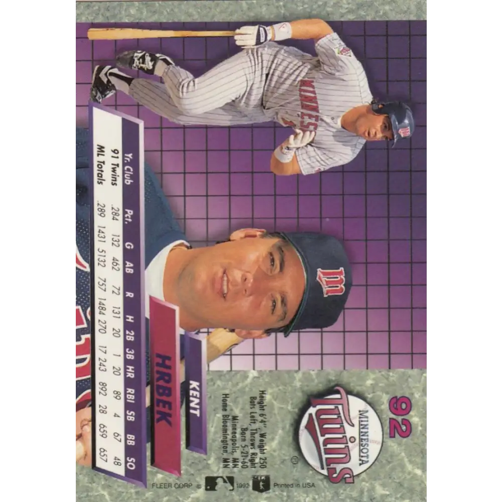 1992 Fleer Ultra #92 Kent Hrbek NM-MT Minnesota Twins Baseball Card Image 2