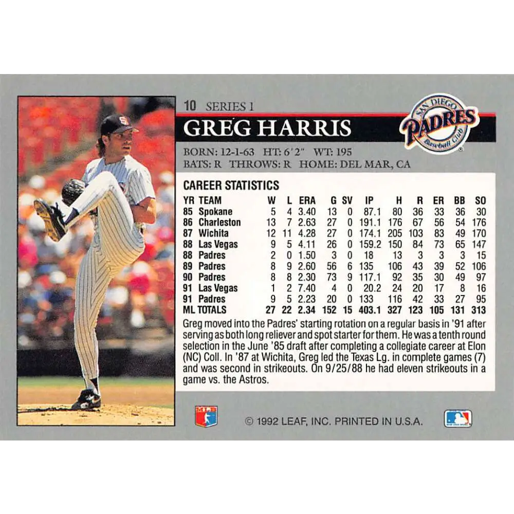 1992 Leaf #10 Greg Harris NM-MT San Diego Padres Baseball Card Image 2