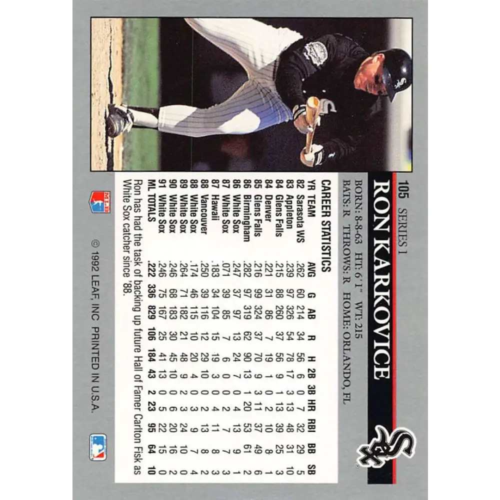 1992 Leaf #105 Ron Karkovice NM-MT Chicago White Sox Baseball Card Image 2