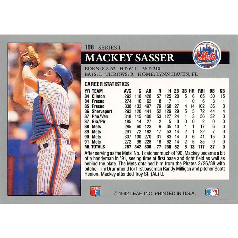 1992 Leaf #108 Mackey Sasser NM-MT New York Mets Baseball Card Image 2