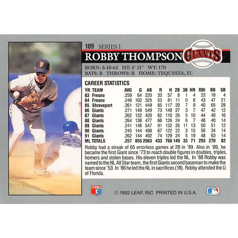 1992 Leaf #109 Robby Thompson NM-MT San Francisco Giants Baseball Card Image 2