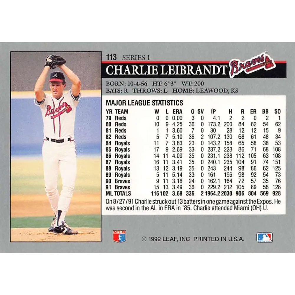 1992 Leaf #113 Charlie Leibrandt NM-MT Atlanta Braves Baseball Card Image 2
