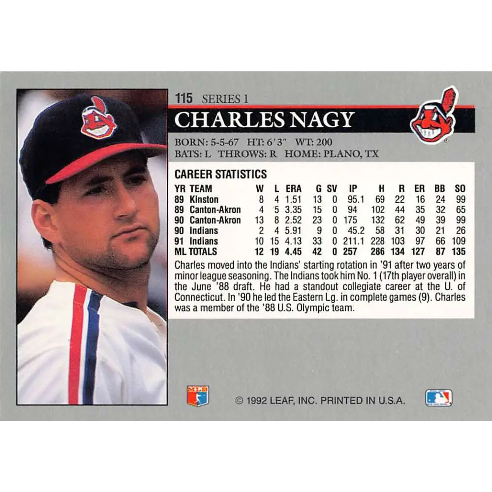 1992 Leaf #115 Charles Nagy NM-MT Cleveland Indians Baseball Card Image 2