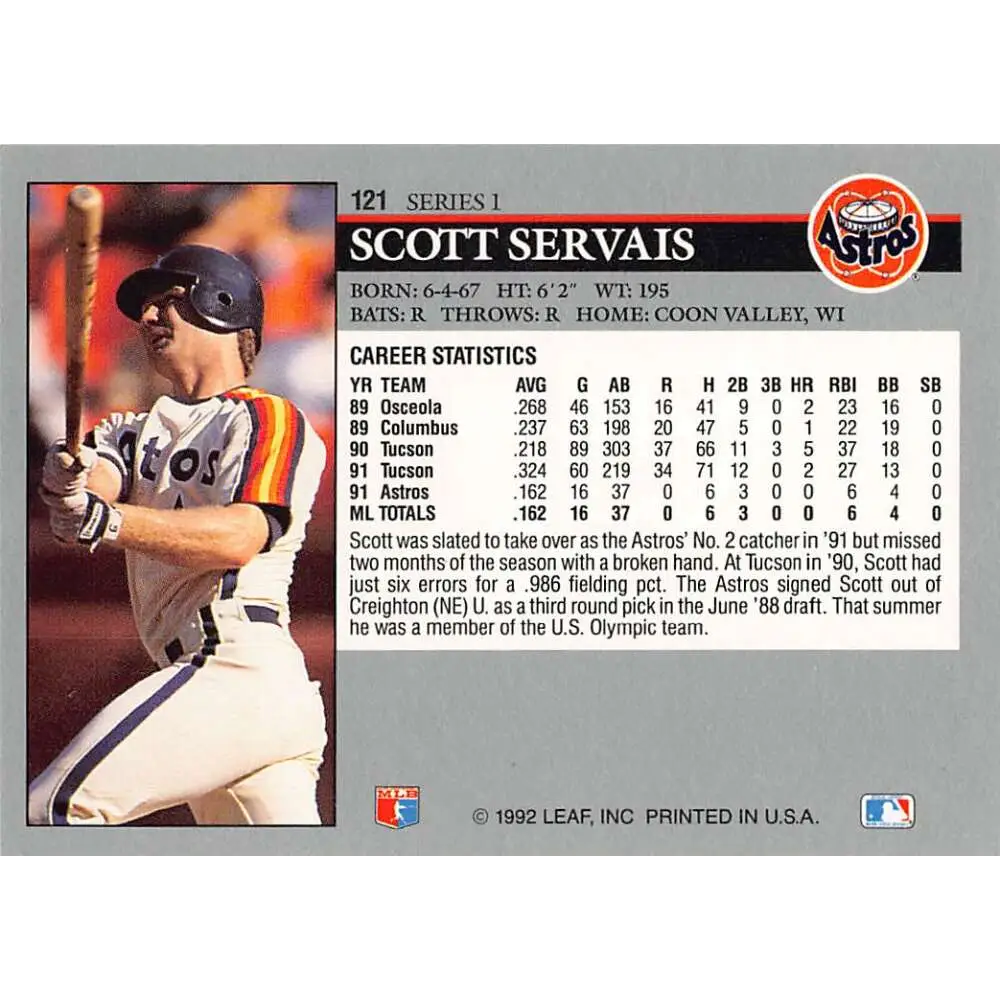 1992 Leaf #121 Scott Servais NM-MT Houston Astros Baseball Card Image 2