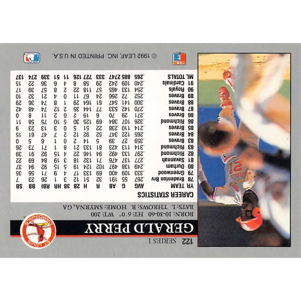 1992 Leaf #122 Gerald Perry NM-MT St. Louis Cardinals Baseball Card Image 2