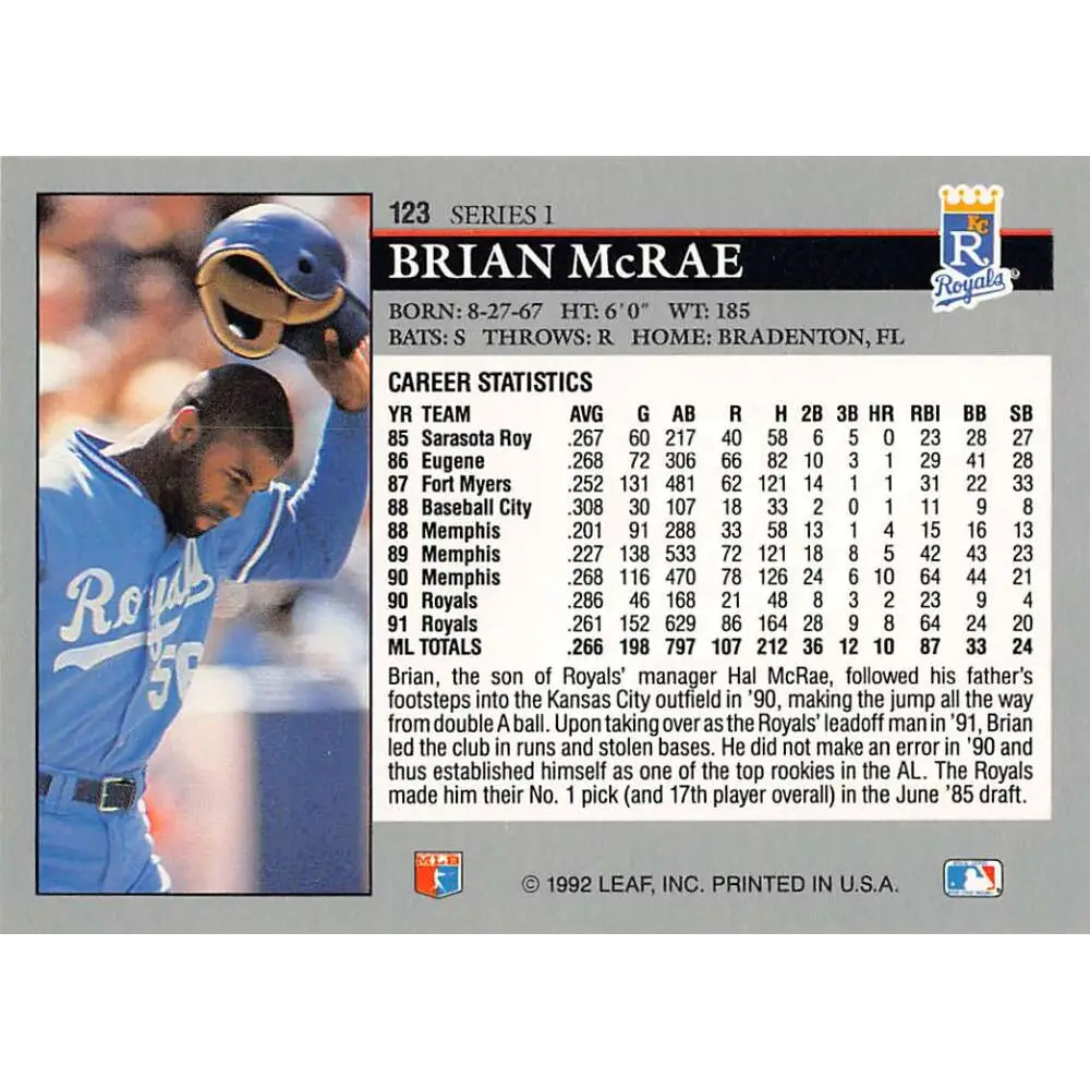 1992 Leaf #123 Brian McRae NM-MT Kansas City Royals Baseball Card Image 2