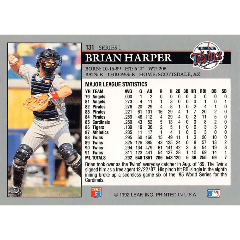 1992 Leaf #131 Brian Harper NM-MT Minnesota Twins Baseball Card Image 2