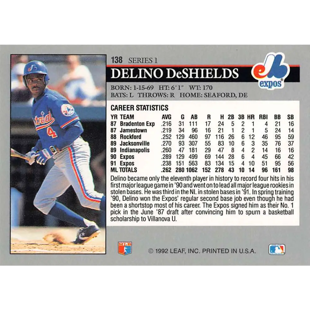 1992 Leaf #138 Delino DeShields NM-MT Montreal Expos Baseball Card Image 2