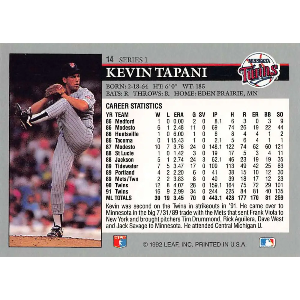 1992 Leaf #14 Kevin Tapani NM-MT Minnesota Twins Baseball Card Image 2