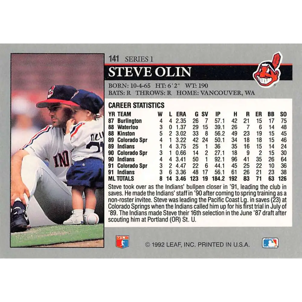 1992 Leaf #141 Steve Olin NM-MT Cleveland Indians Baseball Card Image 2