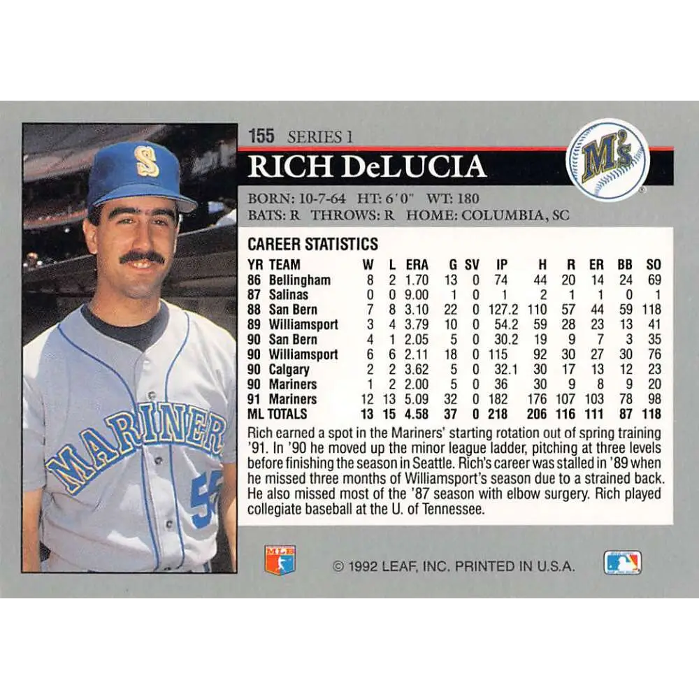1992 Leaf #155 Rich DeLucia NM-MT Seattle Mariners Baseball Card Image 2