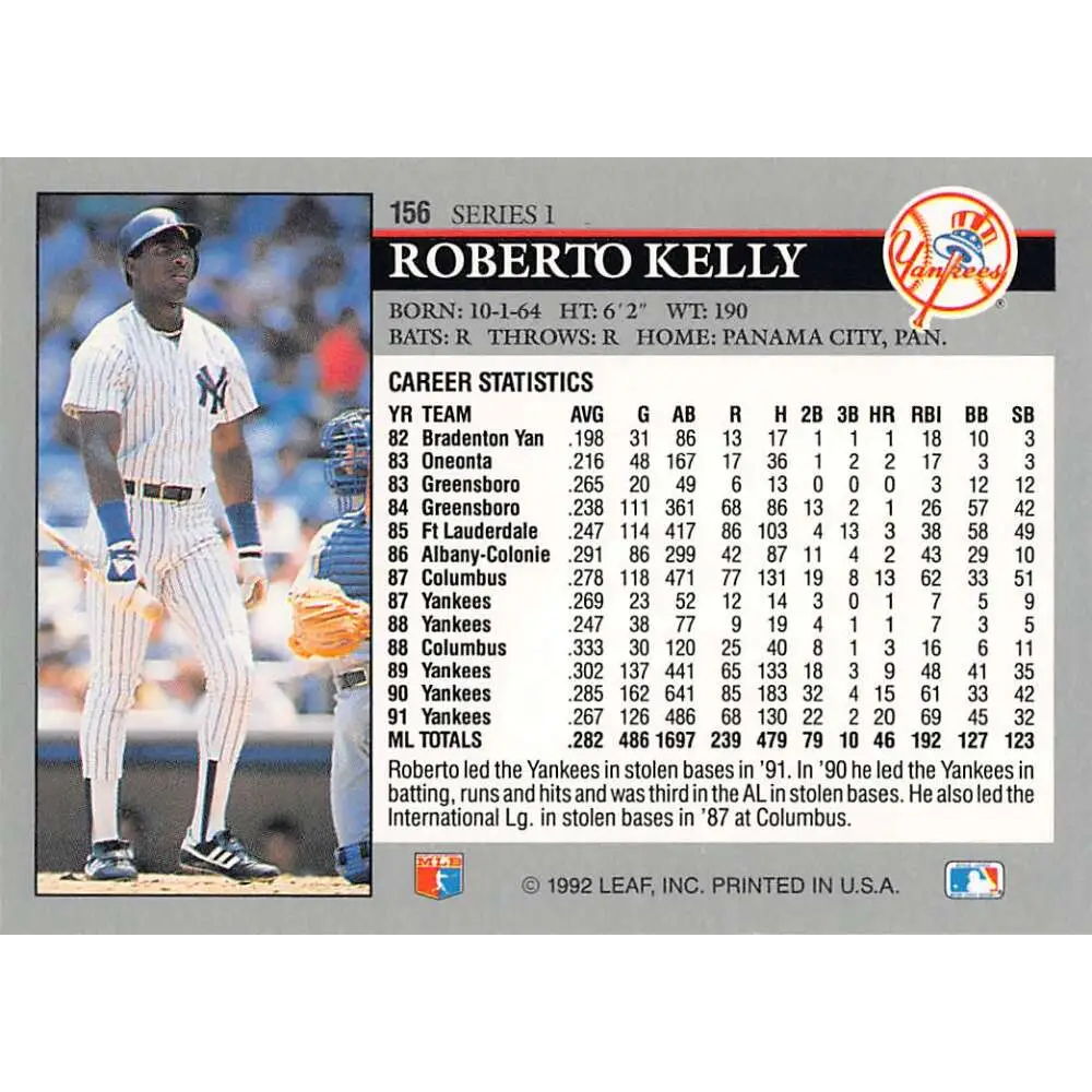 1992 Leaf #156 Roberto Kelly NM-MT New York Yankees Baseball Card Image 2