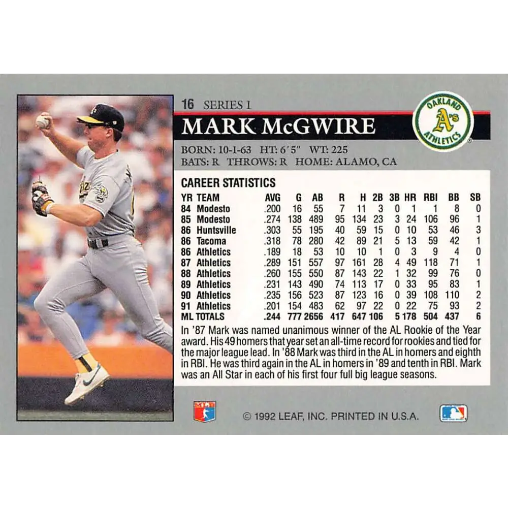 1992 Leaf #16 Mark McGwire NM-MT Oakland Athletics Baseball Card Image 2