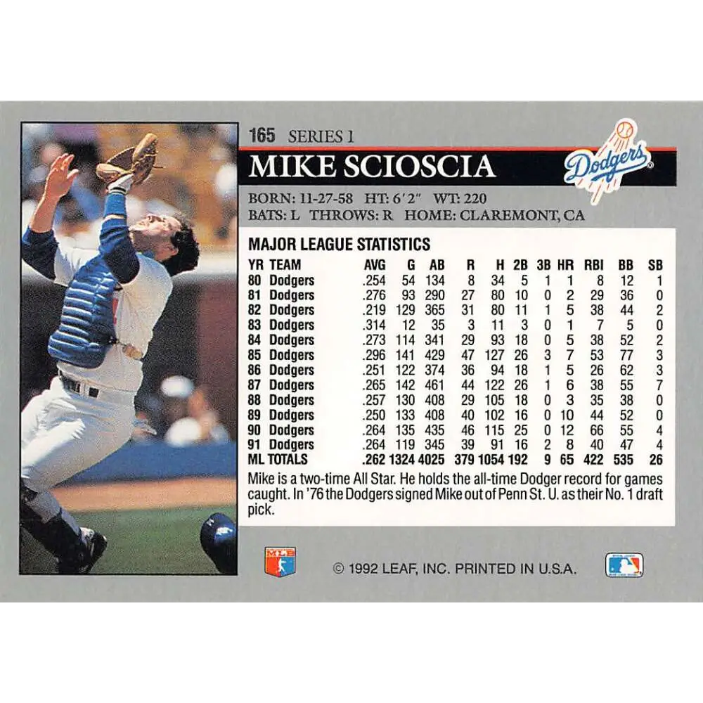 1992 Leaf #165 Mike Scioscia NM-MT Los Angeles Dodgers Baseball Card Image 2