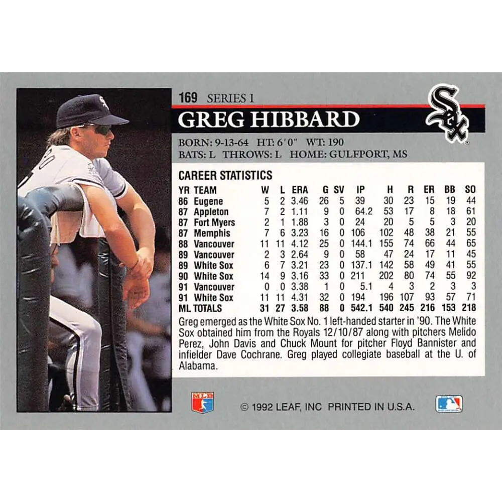 1992 Leaf #169 Greg Hibbard NM-MT Chicago White Sox Baseball Card Image 2