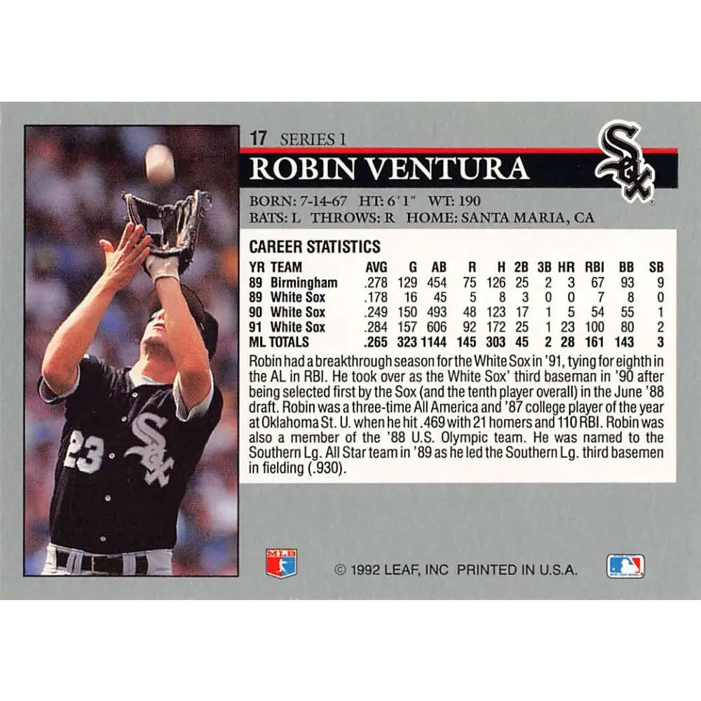 1992 Leaf #17 Robin Ventura NM-MT Chicago White Sox Baseball Card Image 2