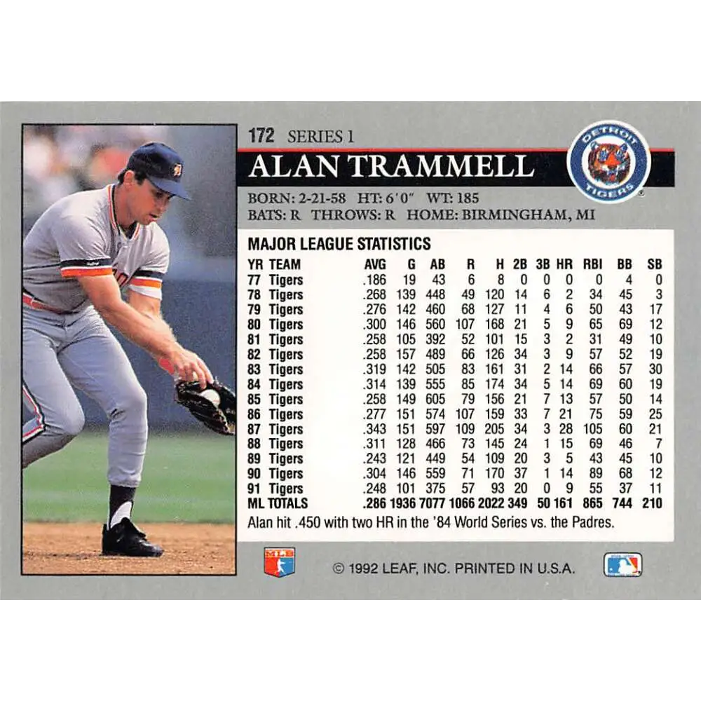 1992 Leaf #172 Alan Trammell NM-MT Detroit Tigers Baseball Card Image 2