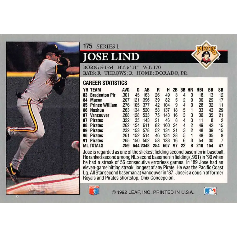 1992 Leaf #175 Jose Lind NM-MT Pittsburgh Pirates Baseball Card Image 2