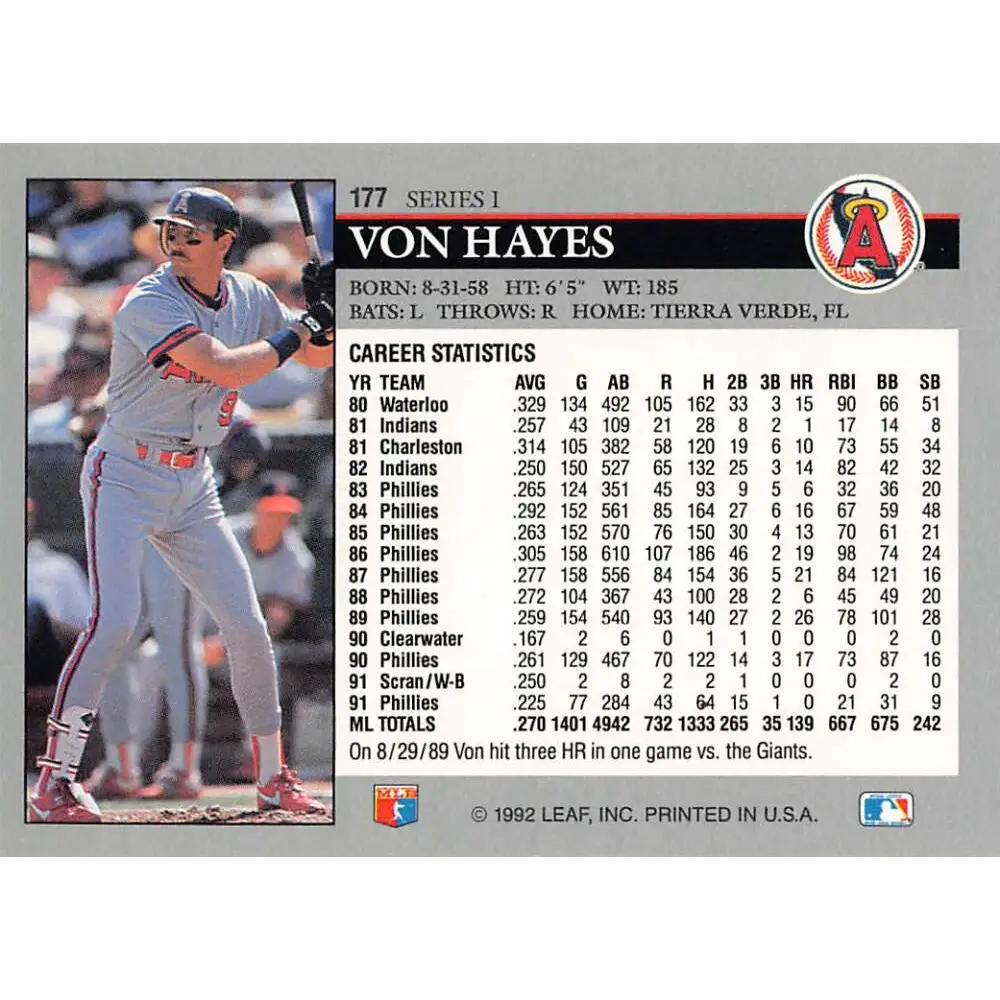 1992 Leaf #177 Von Hayes NM-MT California Angels Baseball Card Image 2