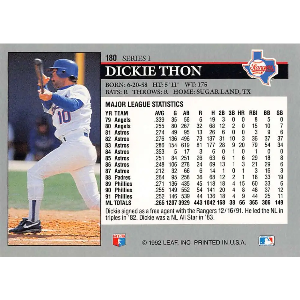 1992 Leaf #180 Dickie Thon NM-MT Texas Rangers Baseball Card Image 2