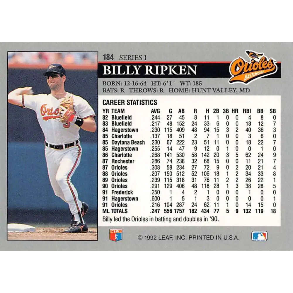 1992 Leaf #184 Billy Ripken NM-MT Baltimore Orioles Baseball Card Image 2