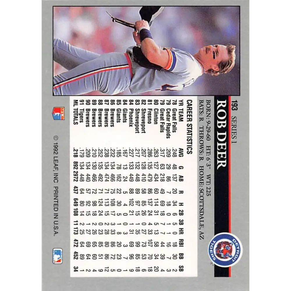 1992 Leaf #193 Rob Deer NM-MT Detroit Tigers Baseball Card Image 2