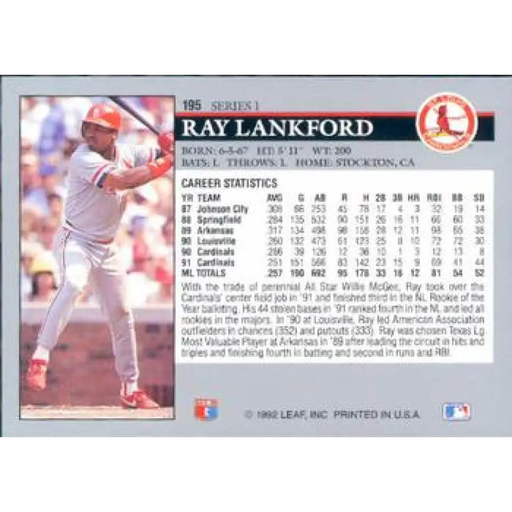 1992 Leaf #195 Ray Lankford NM-MT St. Louis Cardinals Baseball Card Image 2
