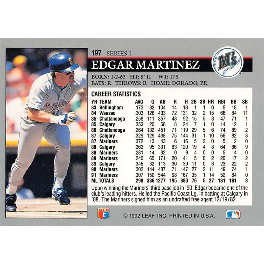 1992 Leaf #197 Edgar Martinez NM-MT Seattle Mariners Baseball Card Image 2