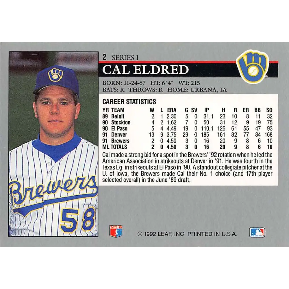 1992 Leaf #2 Cal Eldred NM-MT Milwaukee Brewers Baseball Card Image 2