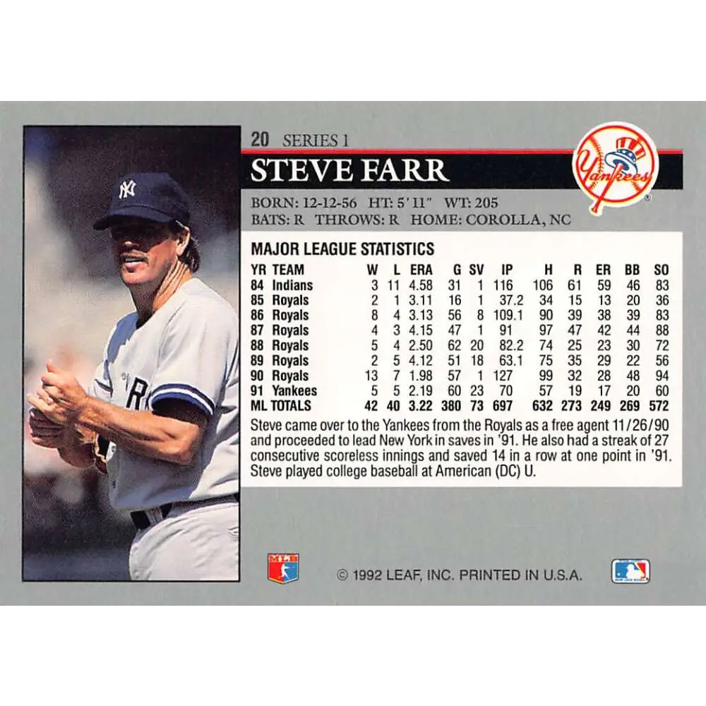 1992 Leaf #20 Steve Farr NM-MT New York Yankees Baseball Card Image 2