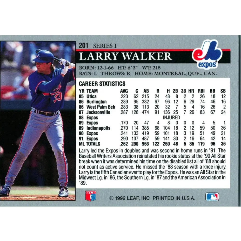 1992 Leaf #201 Larry Walker NM-MT Montreal Expos Baseball Card Image 2