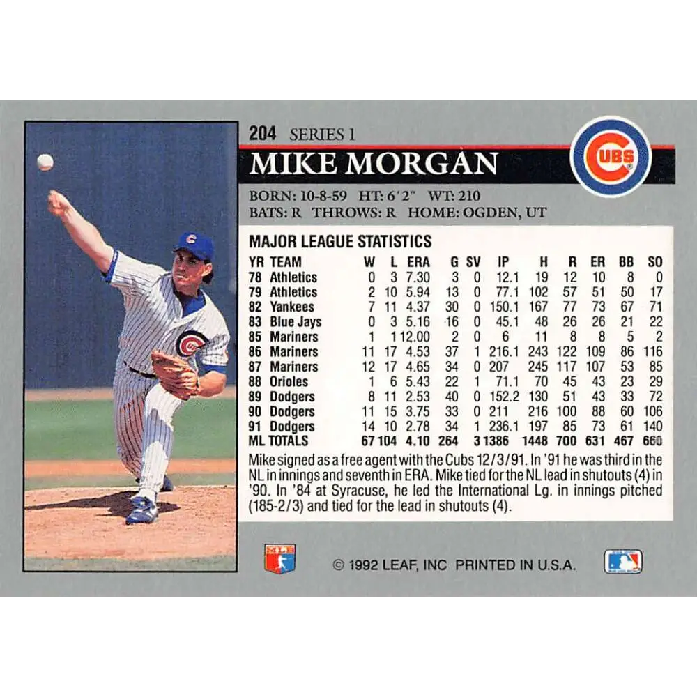 1992 Leaf #204 Mike Morgan NM-MT Chicago Cubs Baseball Card Image 2