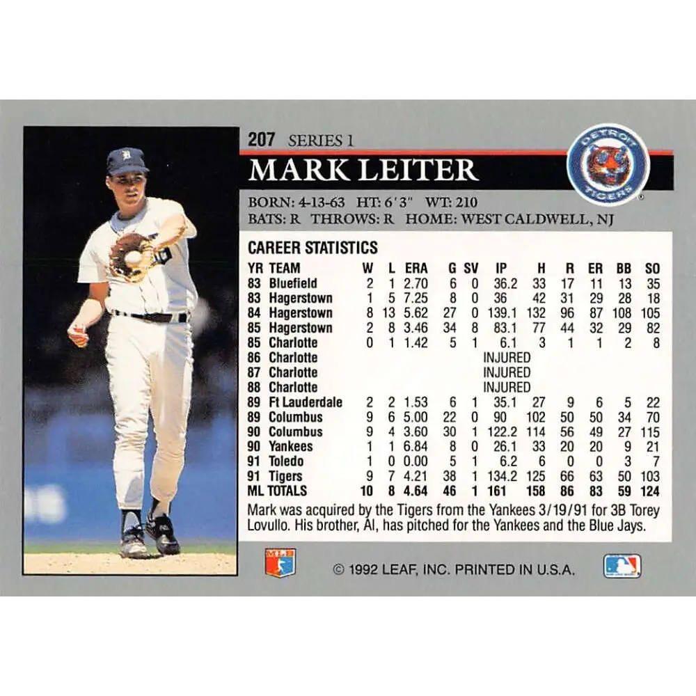 1992 Leaf #207 Mark Leiter NM-MT Detroit Tigers Baseball Card Image 2