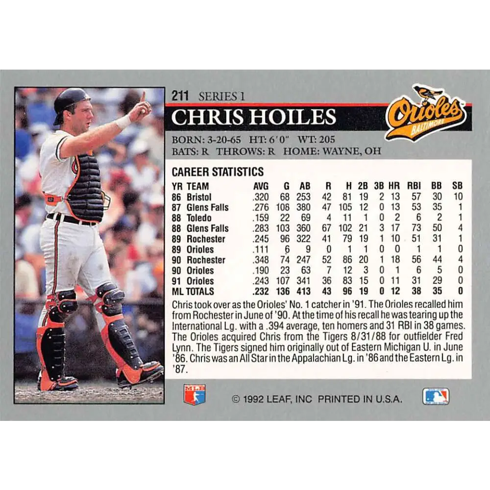 1992 Leaf #211 Chris Hoiles NM-MT Baltimore Orioles Baseball Card Image 2
