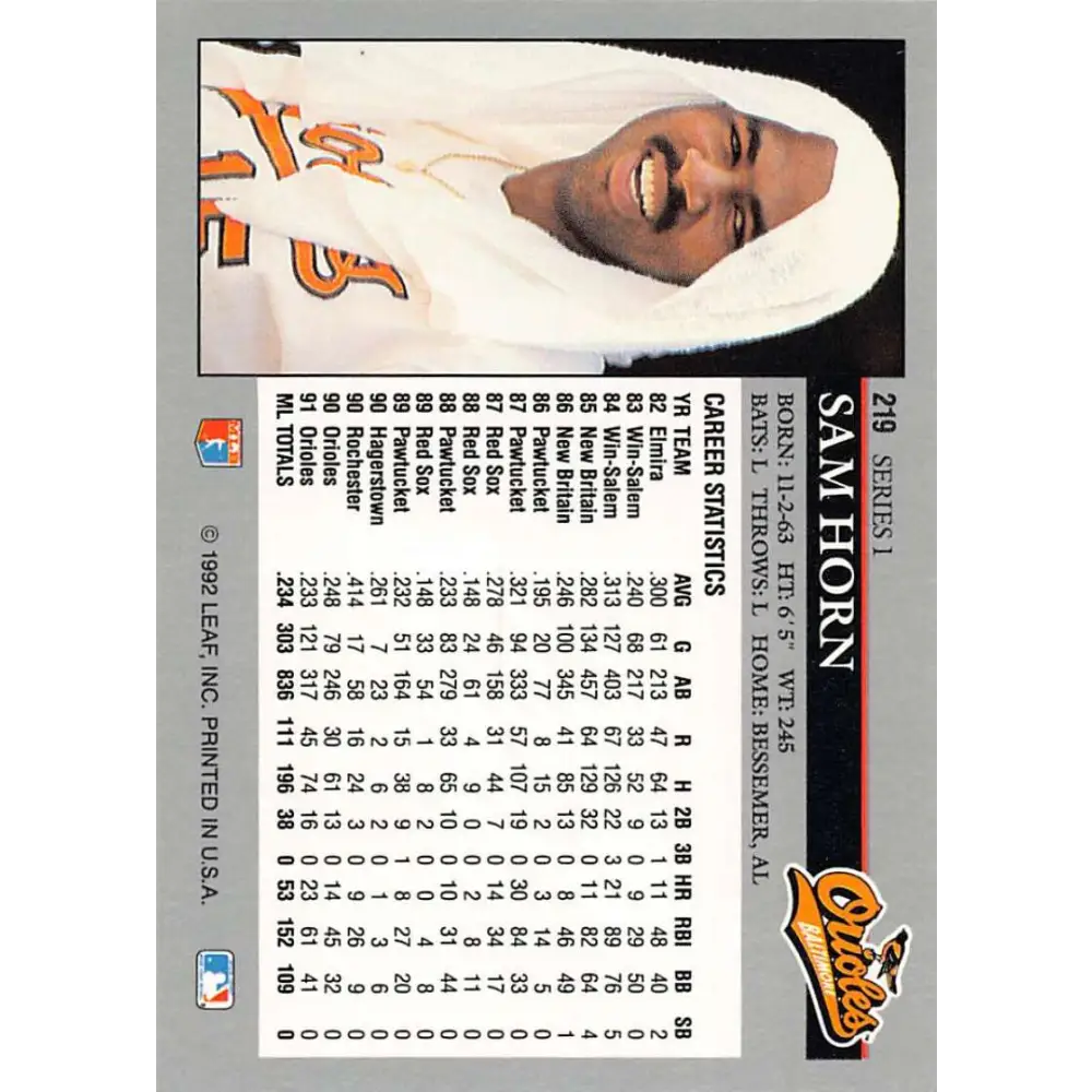 1992 Leaf #219 Sam Horn NM-MT Baltimore Orioles Baseball Card Image 2