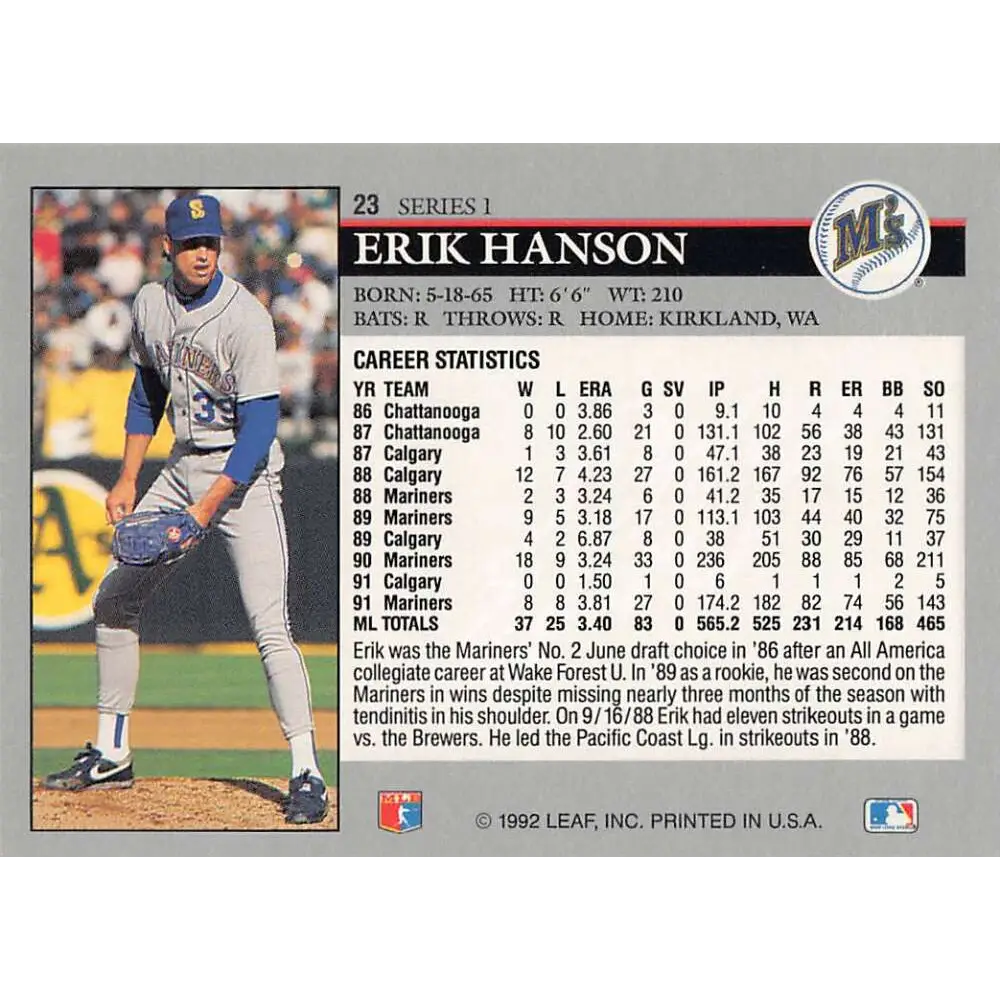 1992 Leaf #23 Erik Hanson NM-MT Seattle Mariners Baseball Card Image 2