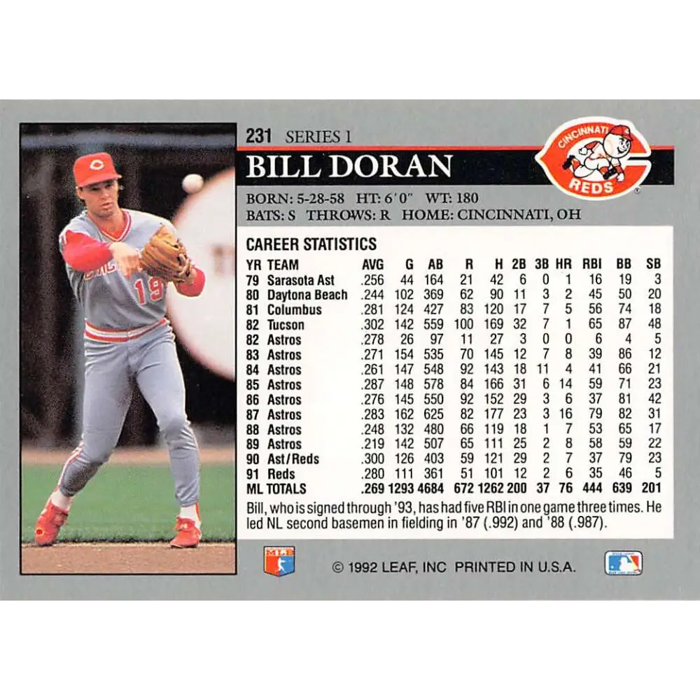 1992 Leaf #231 Bill Doran NM-MT Cincinnati Reds Baseball Card Image 2