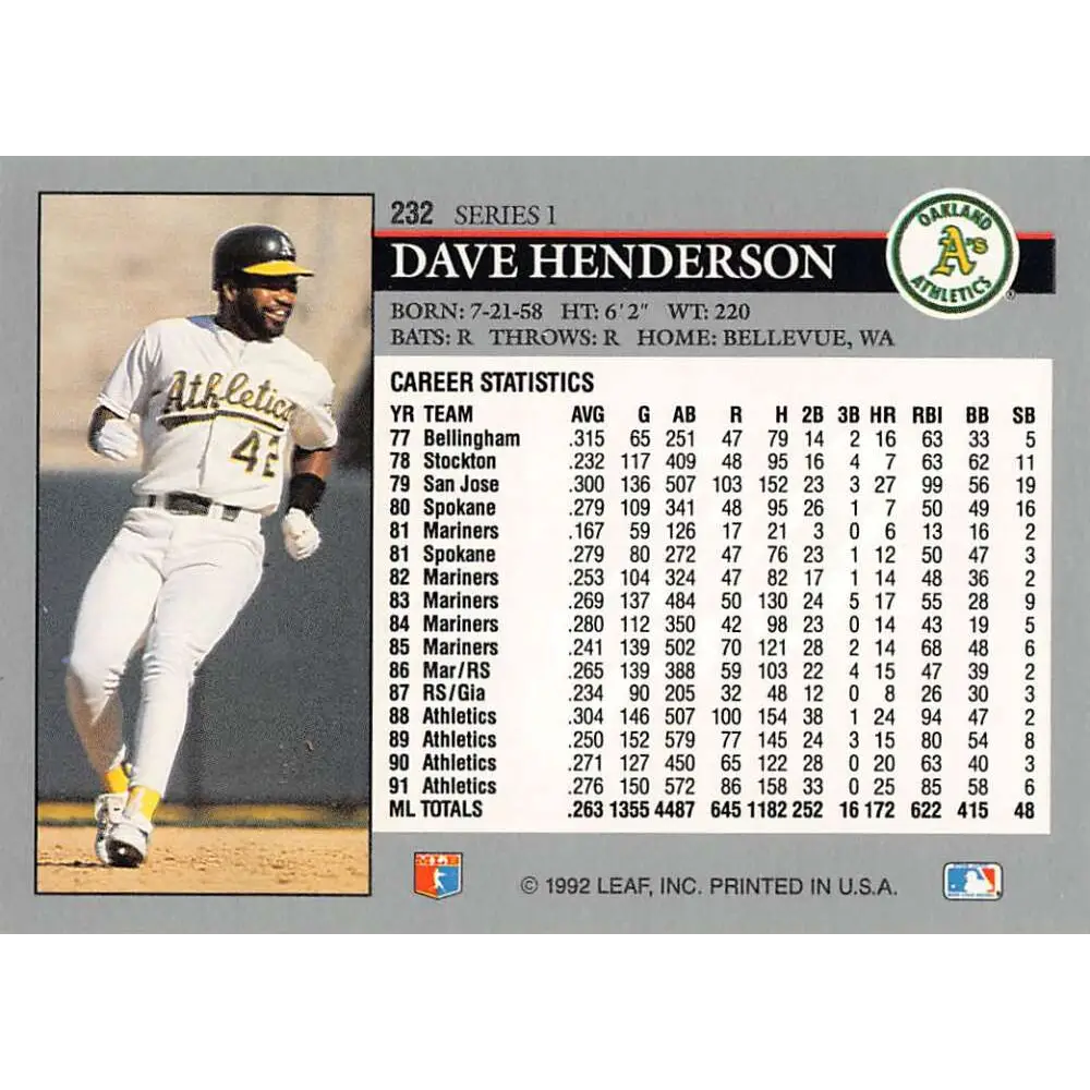1992 Leaf #232 Dave Henderson NM-MT Oakland Athletics Baseball Card Image 2