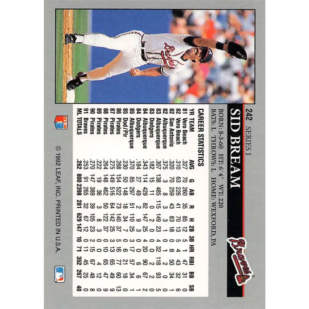 1992 Leaf #242 Sid Bream NM-MT Atlanta Braves Baseball Card Image 2
