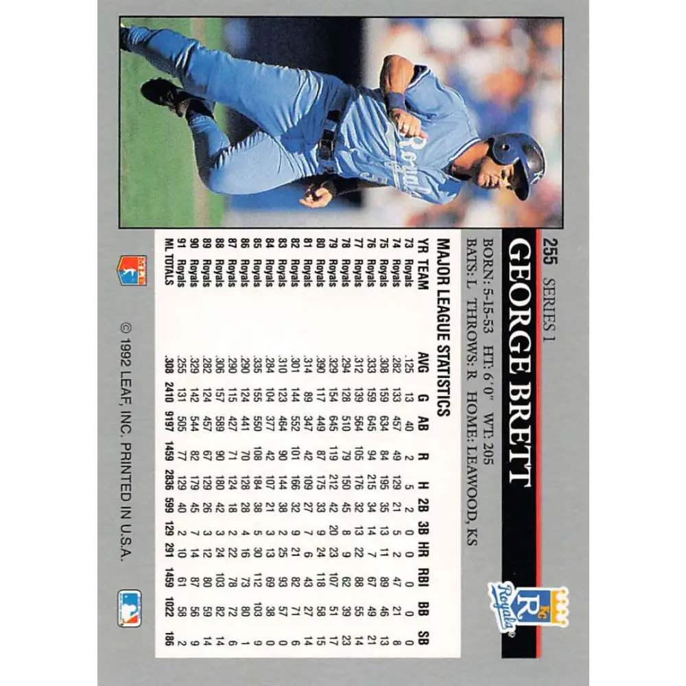 1992 Leaf #255 George Brett NM-MT Kansas City Royals Baseball Card Image 2