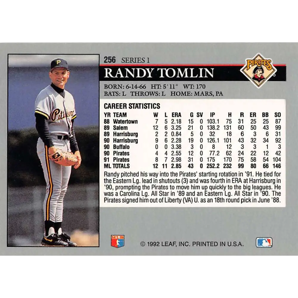 1992 Leaf #256 Randy Tomlin NM-MT Pittsburgh Pirates Baseball Card Image 2