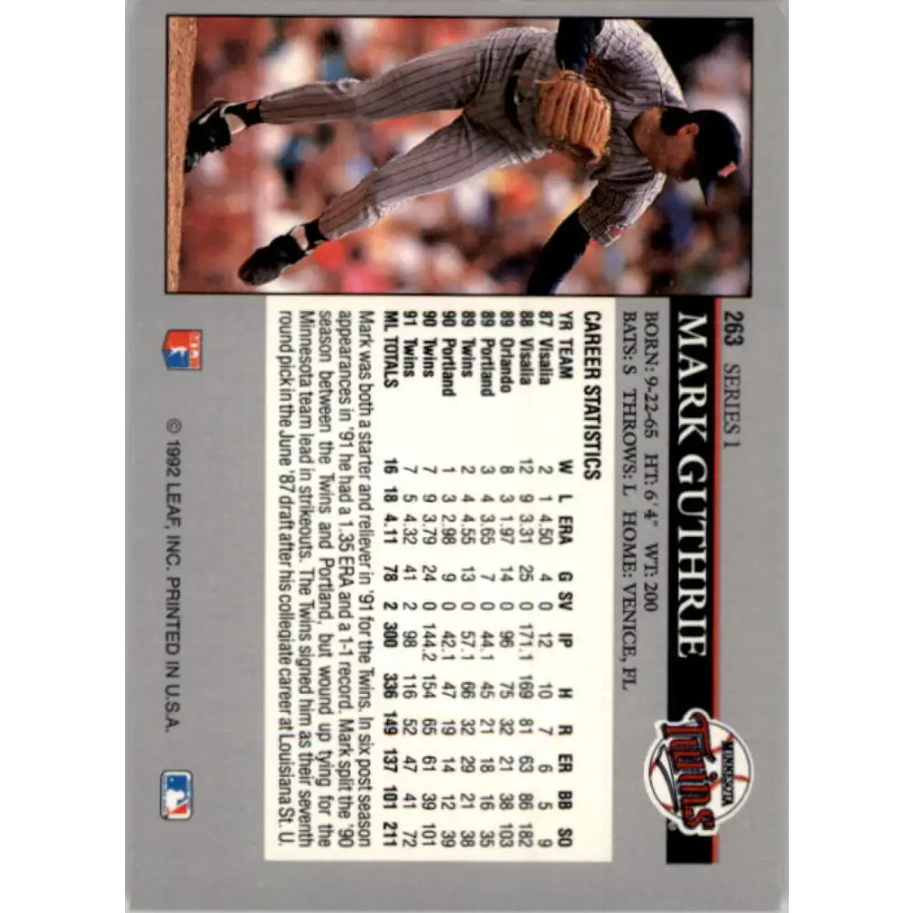 1992 Leaf #263 Mark Guthrie NM-MT Minnesota Twins Baseball Card Image 2