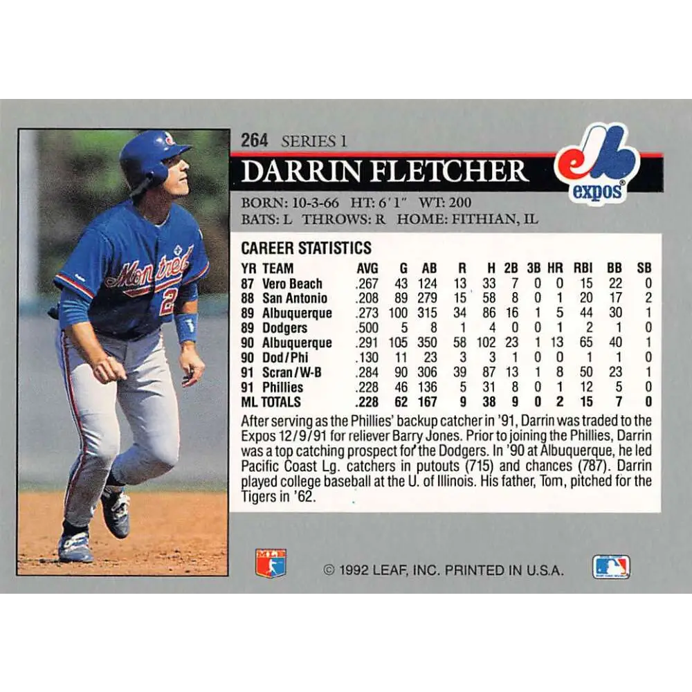 1992 Leaf #264 Darrin Fletcher NM-MT Montreal Expos Baseball Card Image 2