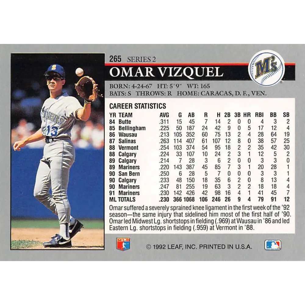 1992 Leaf #265 Omar Vizquel NM-MT Seattle Mariners Baseball Card Image 2