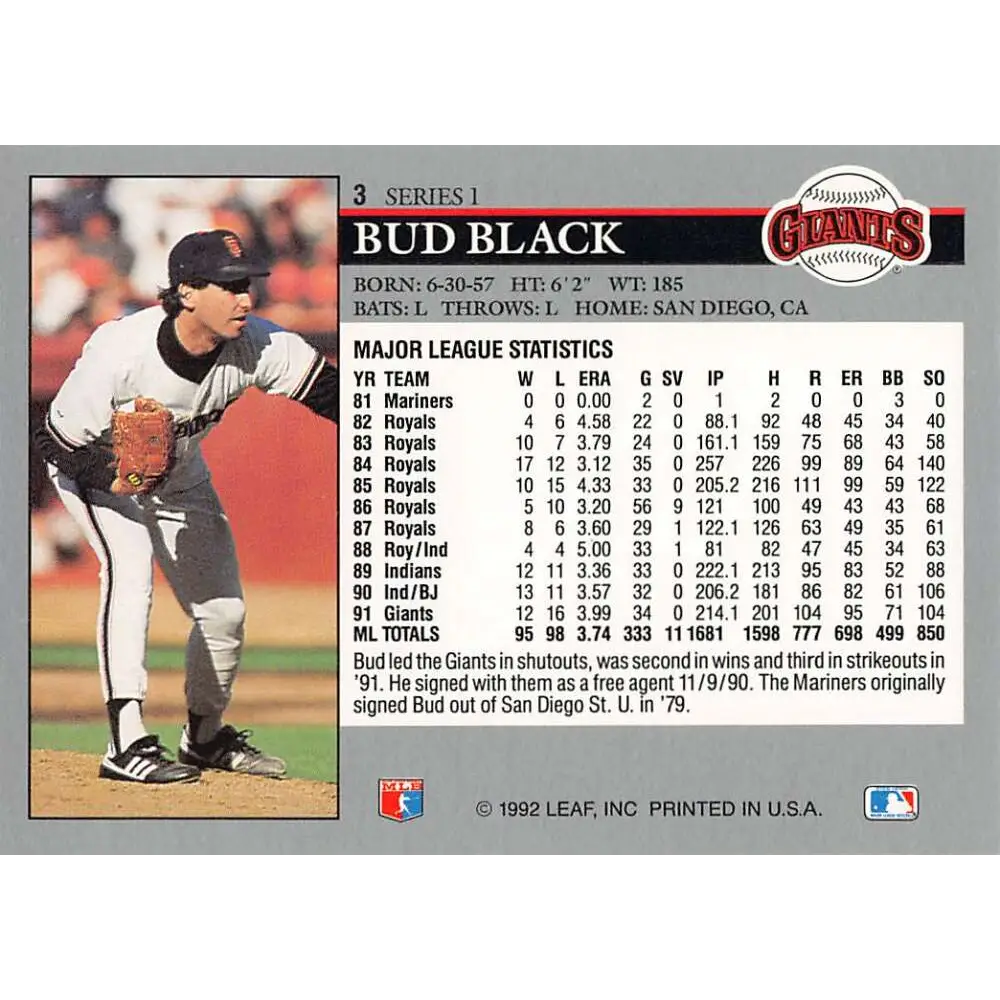 1992 Leaf #3 Bud Black NM-MT San Francisco Giants Baseball Card Image 2