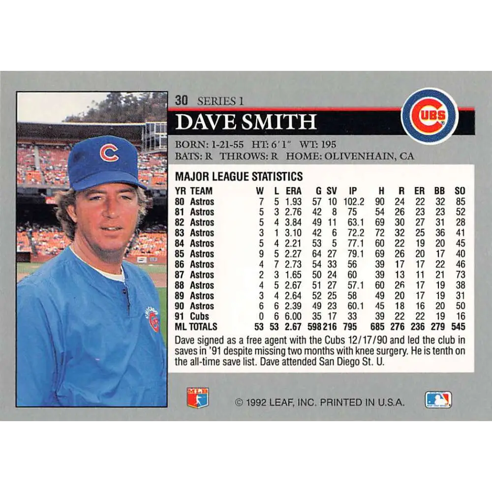 1992 Leaf #30 Dave Smith NM-MT Chicago Cubs Baseball Card Image 2