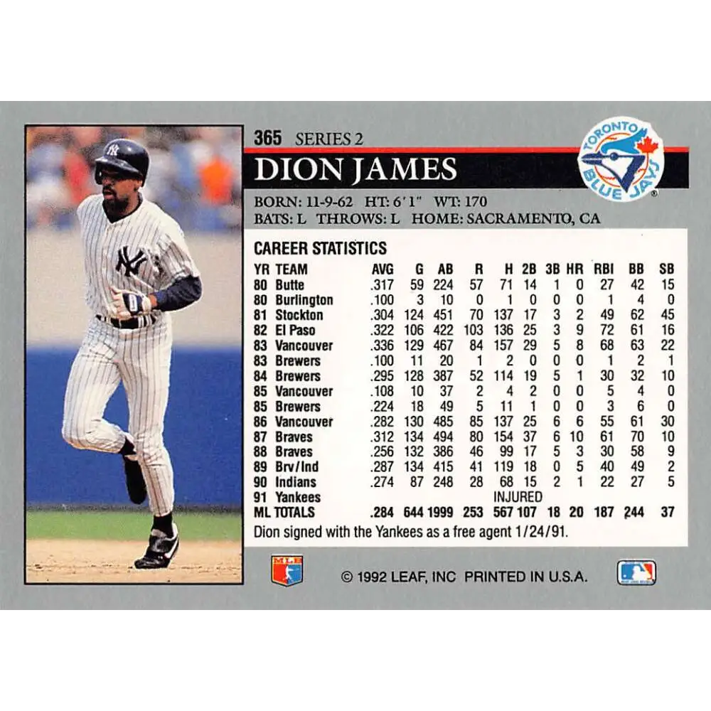 1992 Leaf #365 Dion James UER NM-MT New York Yankees Baseball Card Image 2